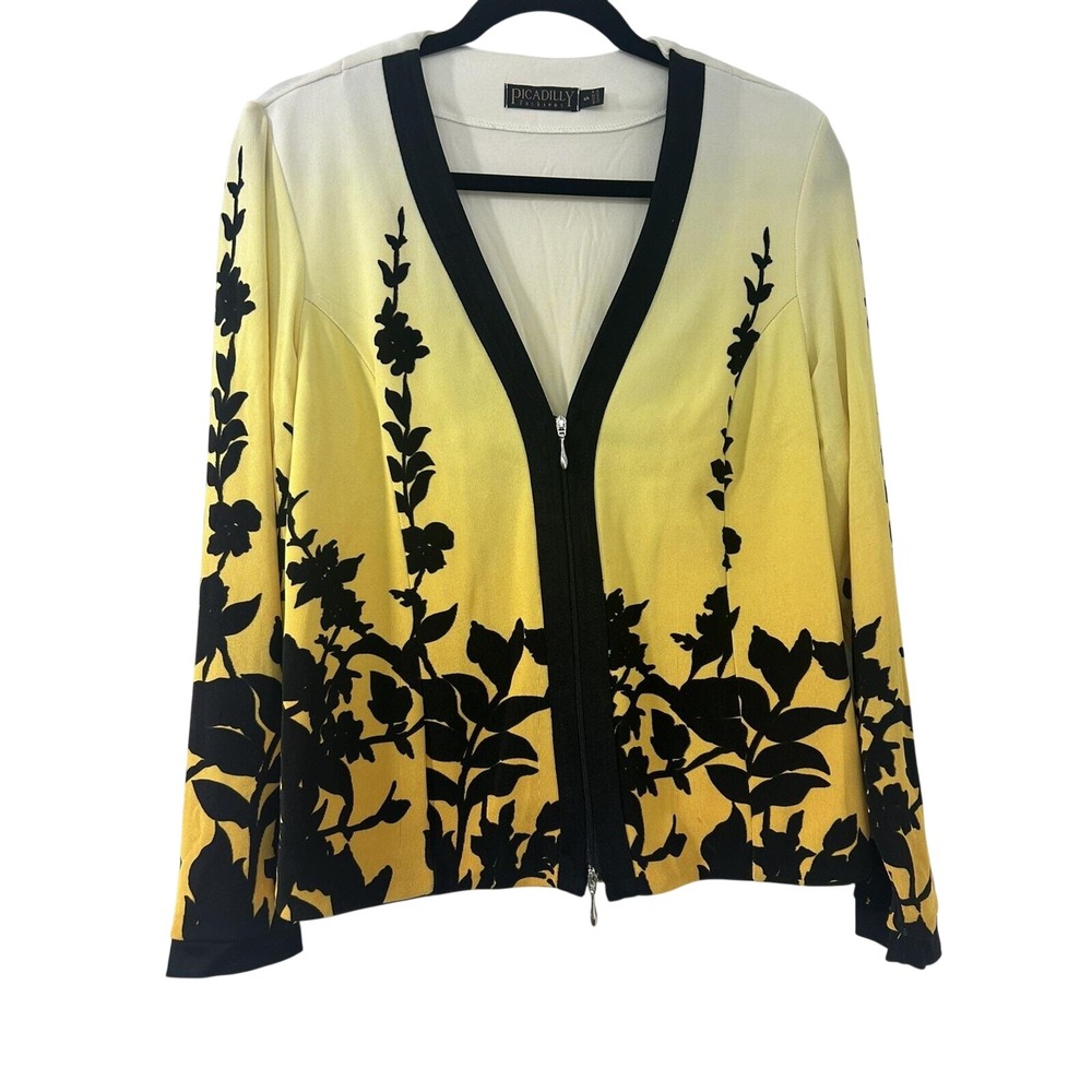 Picadilly Fashions Womens Yellow Ombre Black Floral Zip Up Ribbed Jacket Small‎